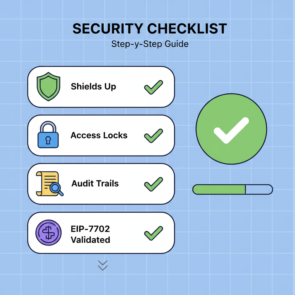 Security checklist interface with shields, locks, audit logs, and EIP-7702 validation ticks