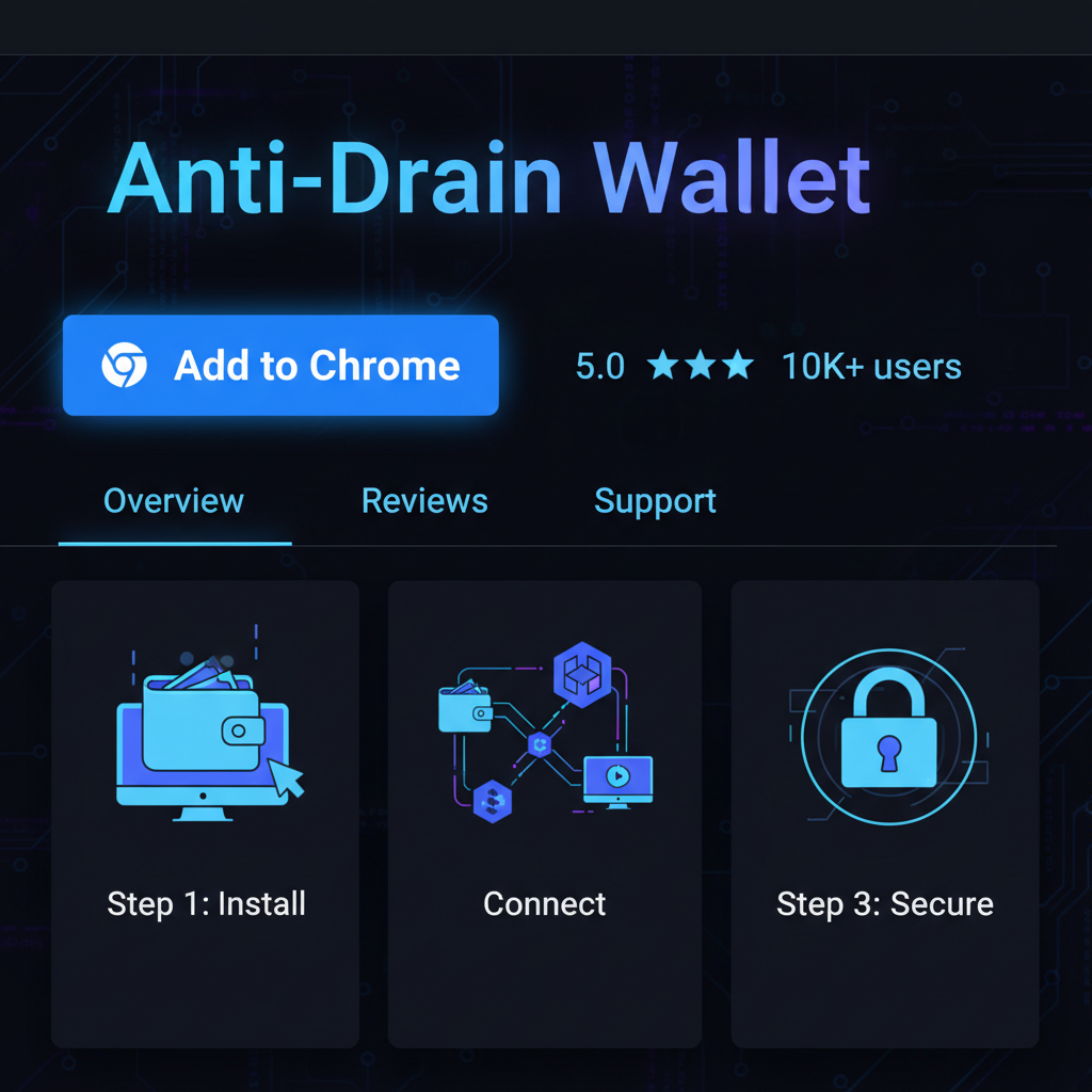 chrome web store antidrain wallet extension page with blue add to chrome button prominent, clean tech ui, cyberpunk neon accents