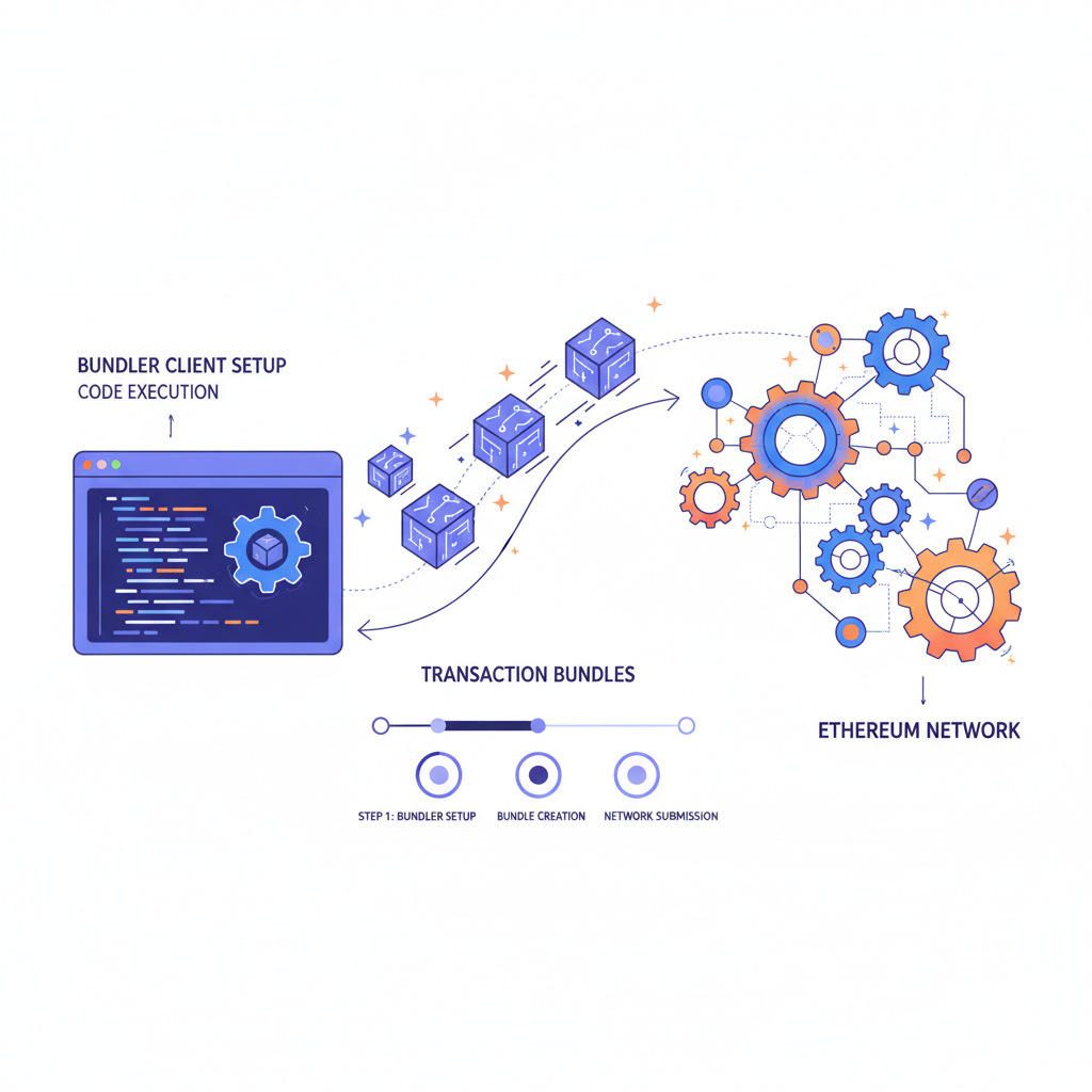 bundler client setup in code, transaction bundles flying into Ethereum network, high-tech gears