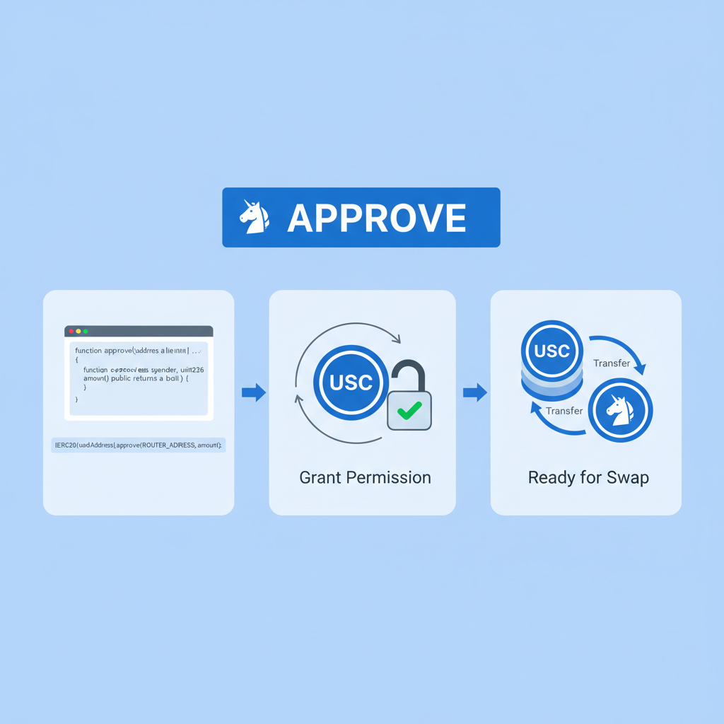 code snippet encoding approve function, Uniswap logo, USDC token icons