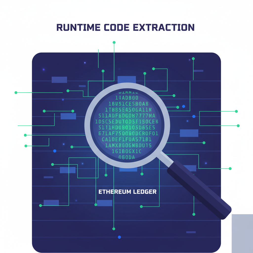 magnifying glass over hex bytecode glowing on Ethereum ledger, runtime code extraction matrix style