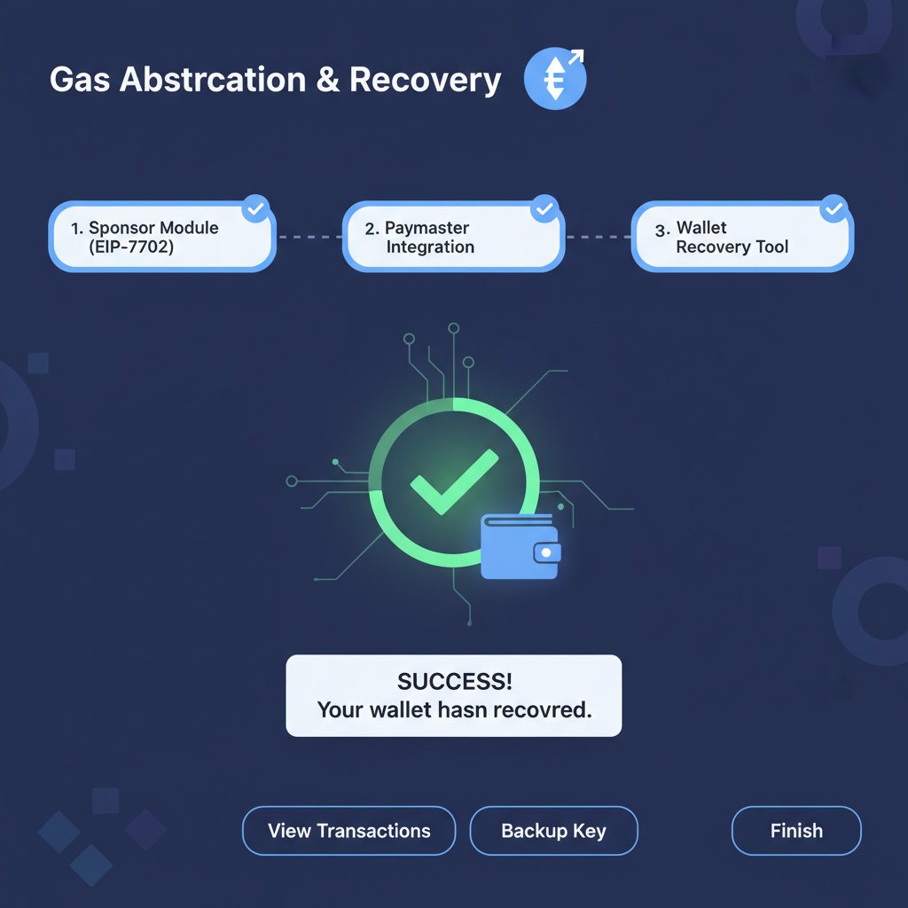 gas abstraction sponsor module EIP-7702 paymaster integration Ethereum wallet recovery tool dashboard UI success animation