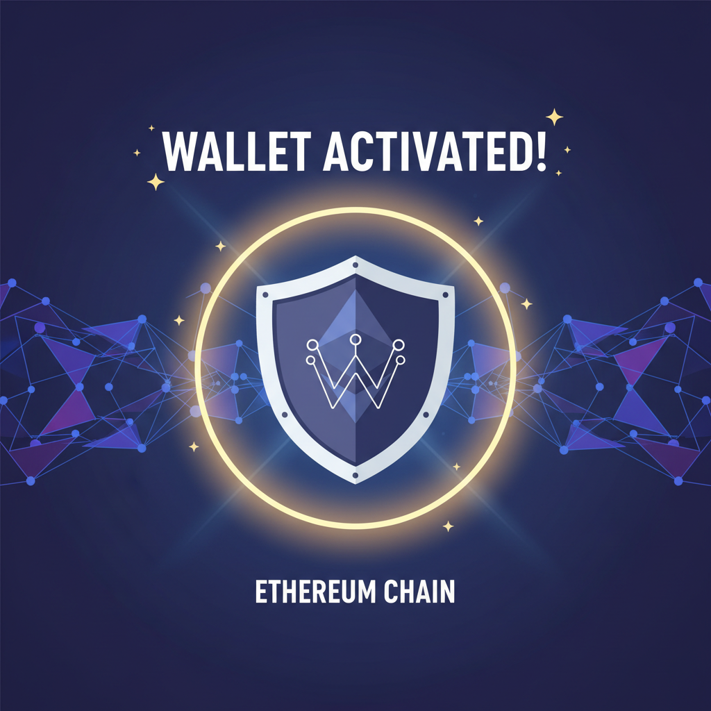 new smart wallet activated, shield icon, ethereum chain background, celebratory glow