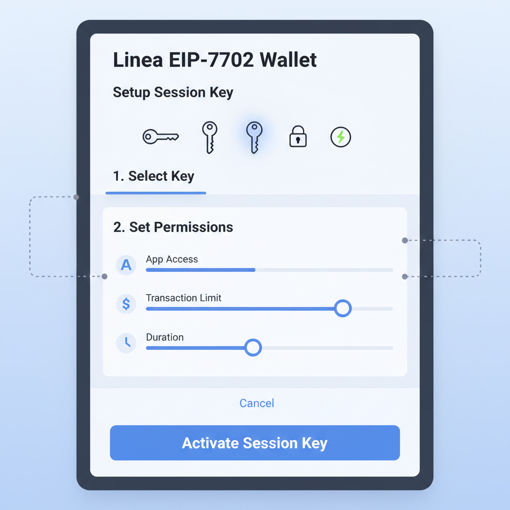 Session key setup interface on Linea EIP-7702 wallet, key icons, permission sliders