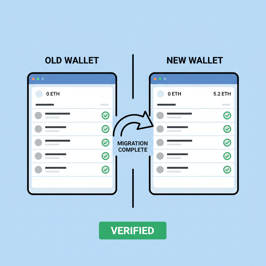 Etherscan dual wallet comparison post-migration, green checkmarks