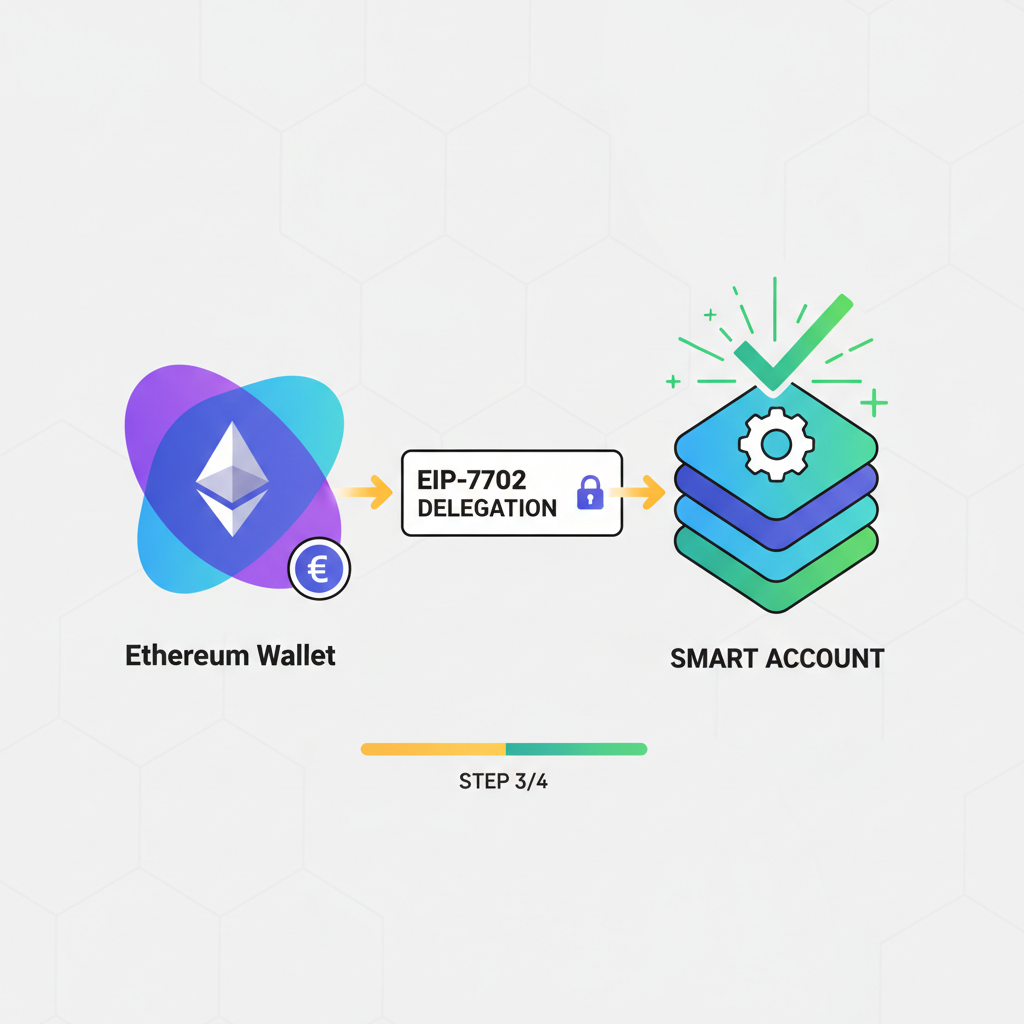 blockchain transaction sending EIP-7702 delegation, Ethereum wallet upgrading to smart account, success animation
