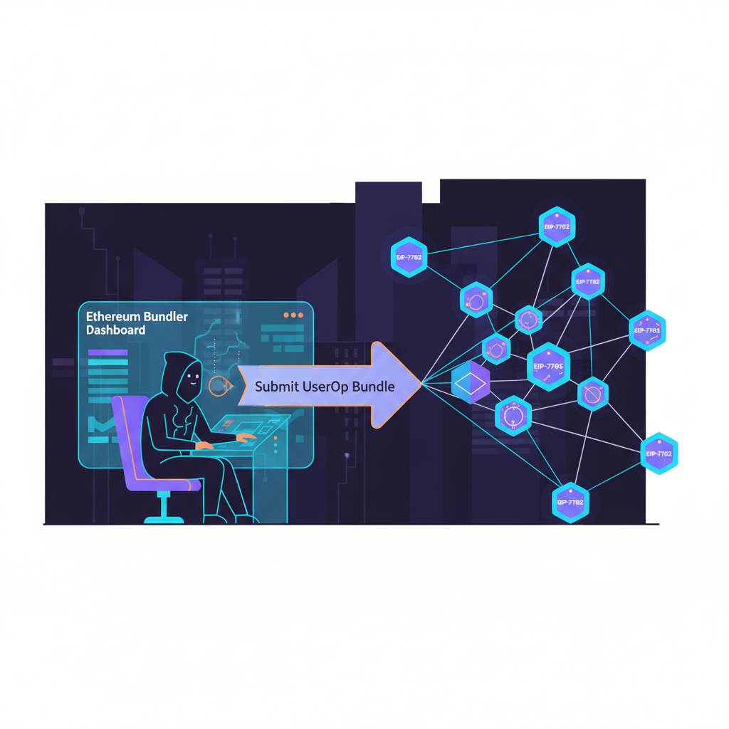 Developer submitting UserOp bundle to Ethereum bundler dashboard, network nodes connecting, EIP-7702 icons, high-tech cyberpunk style