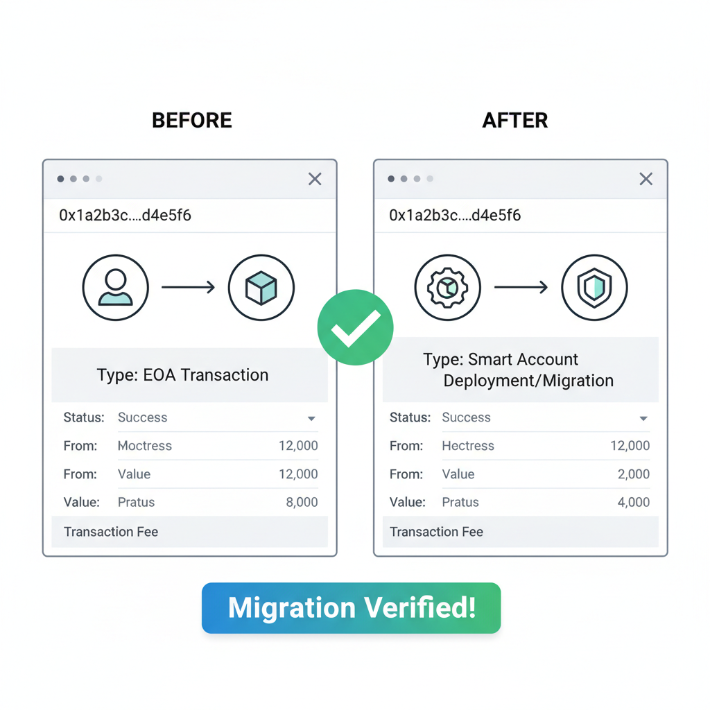 successful migration verification on Etherscan-like explorer, before-after EOA to smart account icons