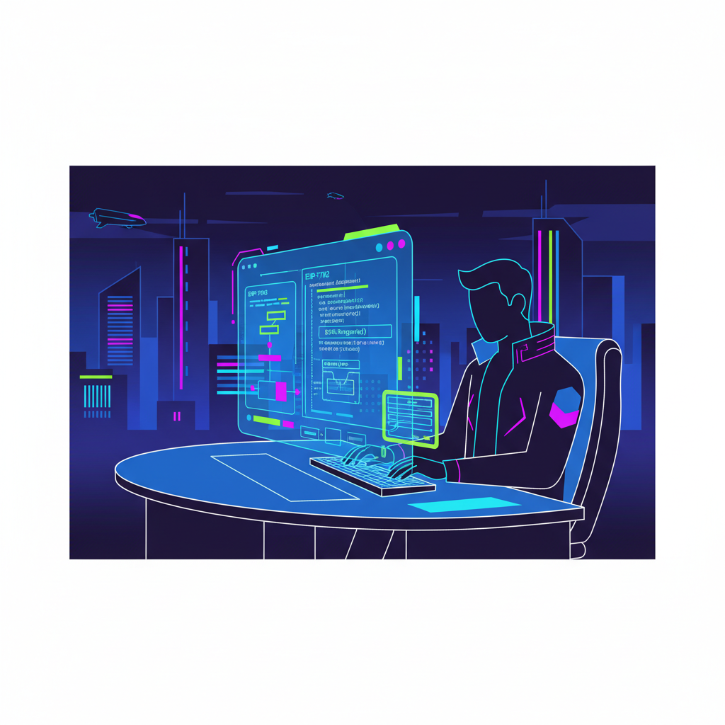 developer coding EIP-7702 SDK integration in futuristic IDE, holographic ethereum code, cyberpunk aesthetic