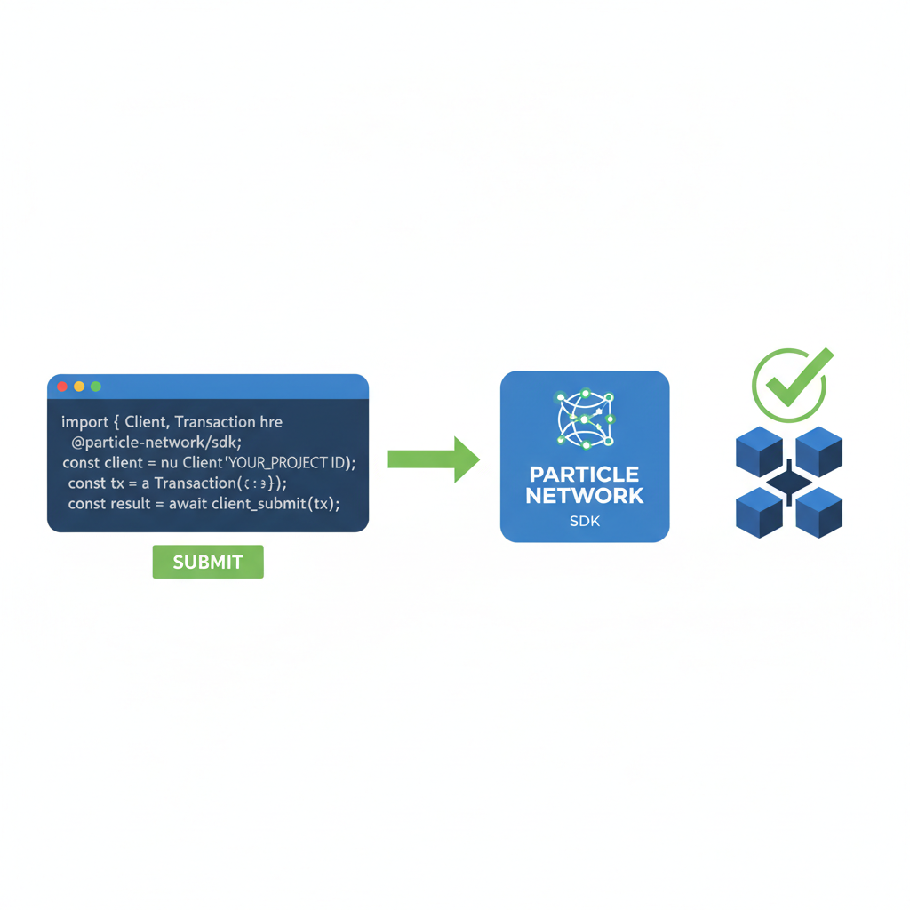code snippet submitting transaction via SDK, Particle Network branding, success arrow to blockchain